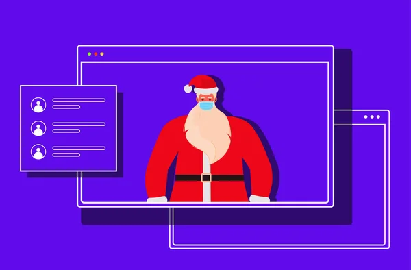 Babbo Natale nella finestra del browser web indossando maschera per evitare coronavirus pandemia nuove vacanze di Natale anno — Vettoriale Stock