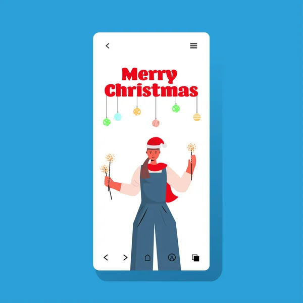 Donna in cappello di Babbo Natale che celebra il nuovo anno vacanze di Natale ragazza sullo schermo dello smartphone divertirsi — Vettoriale Stock