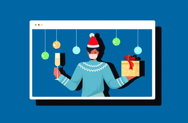 Άντρας με καπέλο santa φορώντας μάσκα Πρωτοχρονιά Χριστούγεννα γιορτή τύπος στο παράθυρο του προγράμματος περιήγησης στο web διασκεδάζοντας — Διανυσματικό Αρχείο