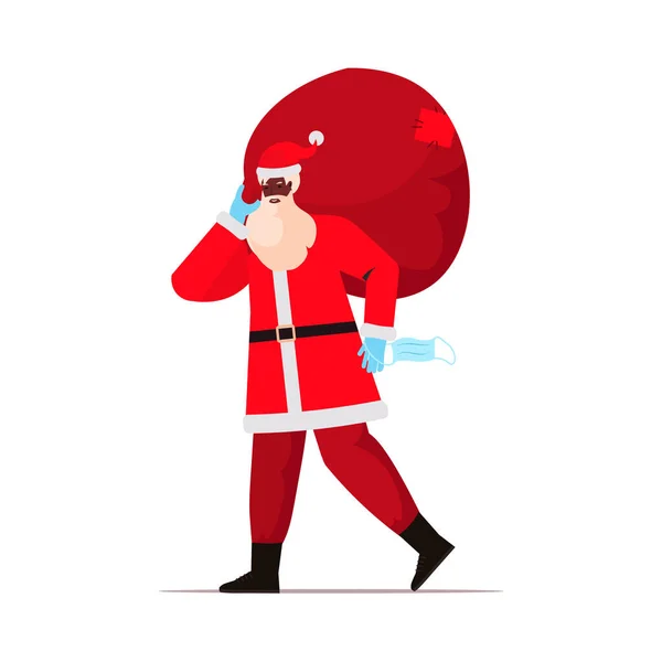 Noel Baba 'nın elinde bir çuval dolusu hediye var. Yeni yıl tatili kutlaması Coronavirus karantinası. — Stok Vektör