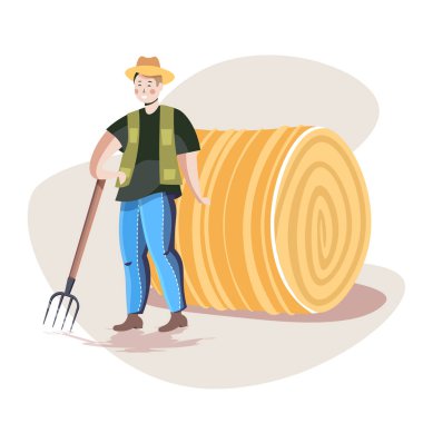 Üniformalı erkek çiftçi yabalı eko tarım konseptiyle saman topluyor.