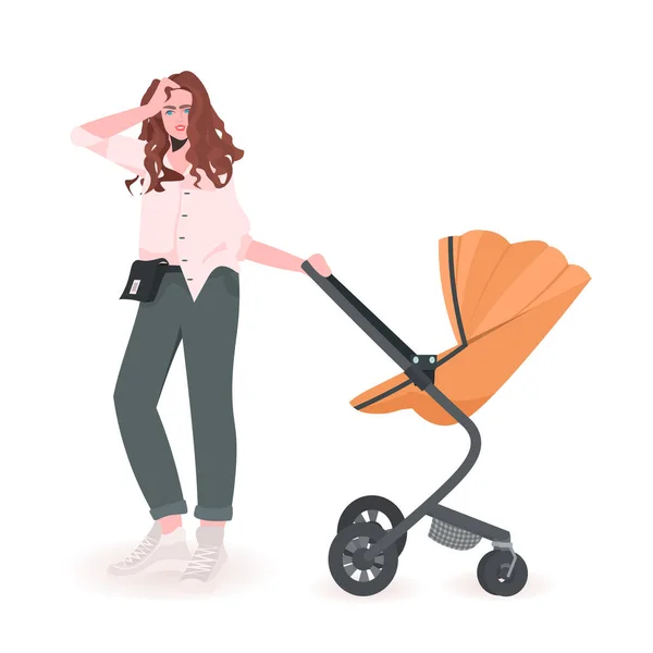 Young mother walking with newborn baby in stroller motherhood concept — Stock Vector