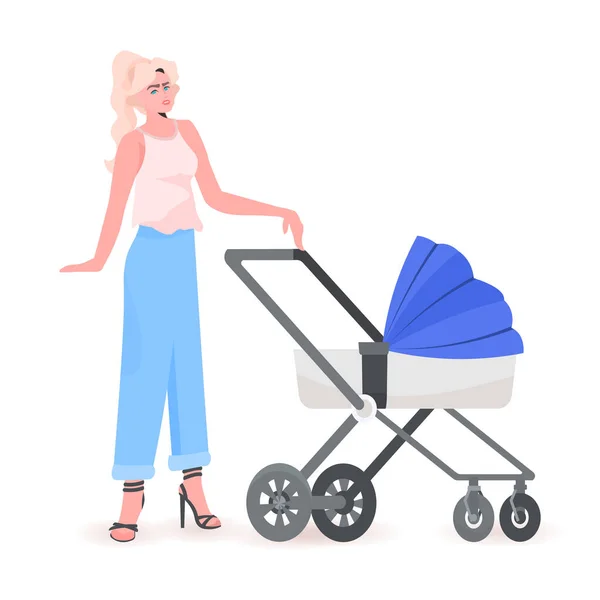 Young mother walking with newborn baby in stroller motherhood concept — Stock Vector