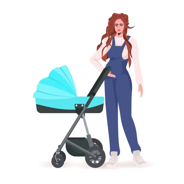 带着新生儿走路的年轻母亲在婴儿车母亲概念中的完整长度 — 图库矢量图片