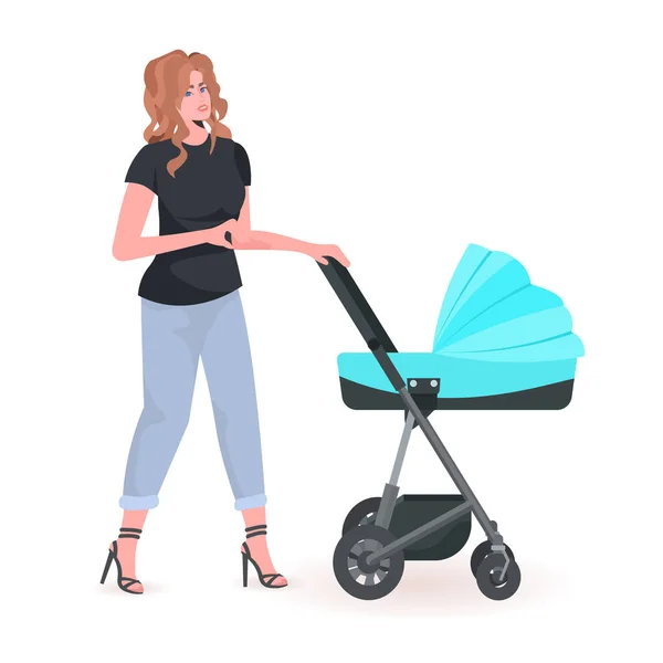 Young mother walking with newborn baby in stroller motherhood concept full length — Stock Vector