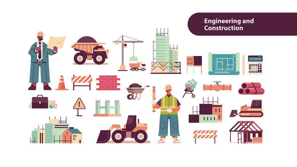 Conjunto ícones de ferramentas de engenharia com mix race arquiteto e engenheiro em capacetes trabalhando no canteiro de obras — Vetor de Stock