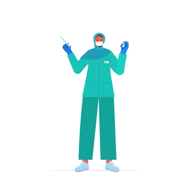 주사기와 코로나 바이러스 백신 개발을 보유하고 있는 의료용 마스크를 착용하고 있는 여성 의사 , Covid-19 와의 싸움 — 스톡 벡터