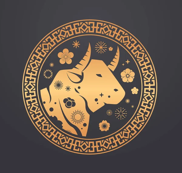 Calendrier chinois pour la nouvelle année de taureau boeuf icône buffle signe du zodiaque pour la carte de vœux affiche d'invitation flyer — Image vectorielle