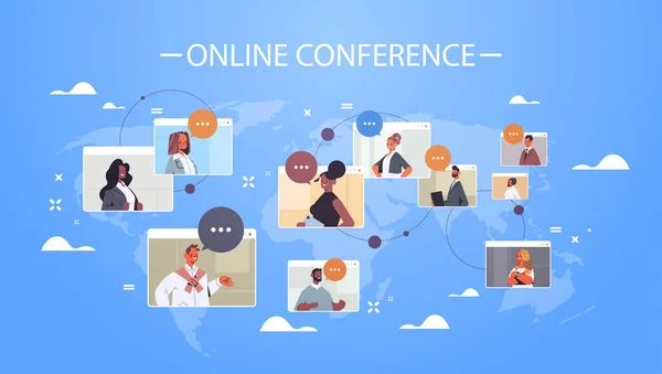 Les gens d'affaires dans les fenêtres du navigateur Web discutent lors de la conférence internationale en ligne d'entreprise — Image vectorielle