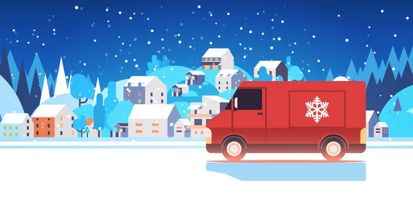 Красный грузовик доставки подарков Счастливого Рождества с праздником Нового года праздник экспресс-доставки концепции — стоковый вектор
