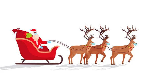 Санта в масці катання на санчатах з оленями щасливий новий рік веселих різдвяних свят концепція святкування — стоковий вектор