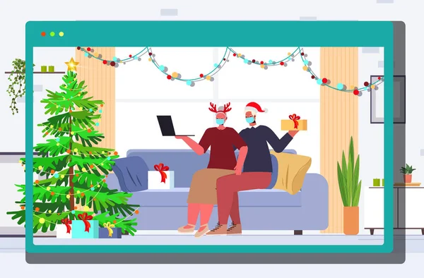 Nonni in cappelli festivi e maschere utilizzando il computer portatile nuovo anno e la celebrazione delle vacanze di Natale — Vettoriale Stock