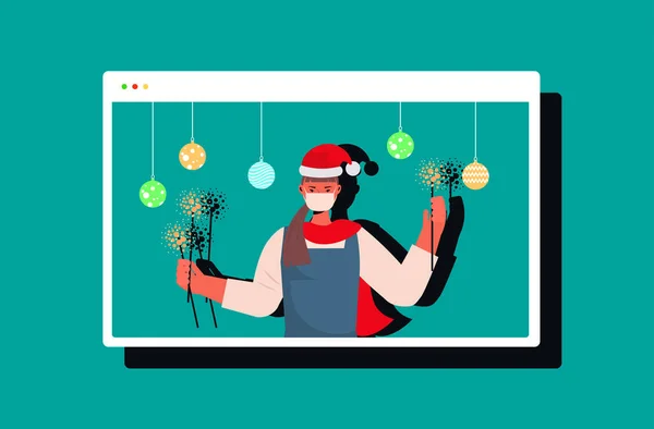 Donna in cappello di Babbo Natale che tiene scintillante nuovo anno vacanze di Natale ragazza celebrazione nella finestra del browser web divertirsi — Vettoriale Stock