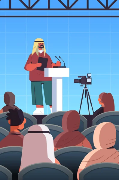 Médecin arabe homme donnant un discours à tribune avec microphone conférence médicale réunion — Image vectorielle