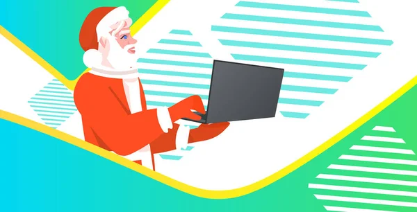 Άγιος Βασίλης χρησιμοποιώντας φορητό υπολογιστή Καλά Χριστούγεννα Καλή Πρωτοχρονιά διακοπές έννοια εορτασμού οριζόντια — Διανυσματικό Αρχείο