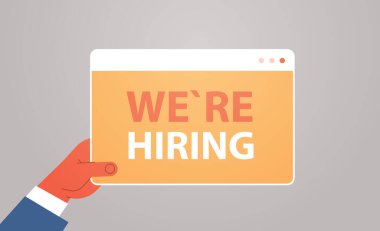 İnsan Kaynakları Müdürü 'nün elini tutarak işe alıyoruz. Bize katılın. Web tarayıcı penceresi açık işe alım kavramı