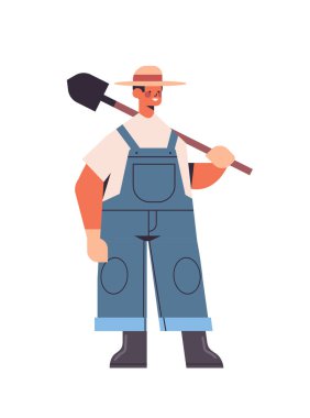 Üniformalı erkek çiftçi elinde kürek, eko tarım endüstrisi kavramı.