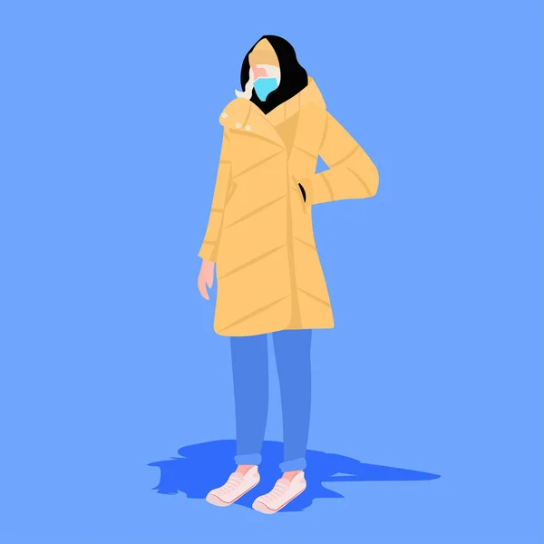 Vrouw in casual winter kleding dragen masker om coronavirus pandemie covid-19 quarantaine concept te voorkomen — Stockvector