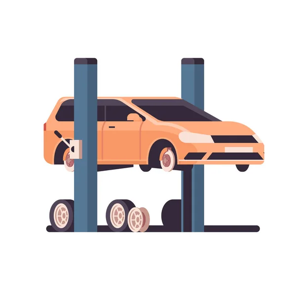 Autó javítási szolgáltatás koncepció sárga jármű emelt felvonó a karbantartó állomás elszigetelt vektor illusztráció — Stock Vector