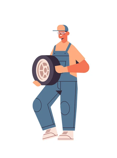 Mécanicien en uniforme réparation homme de pneu de travail et de réparation voiture de roue service concept de réparation automobile — Image vectorielle