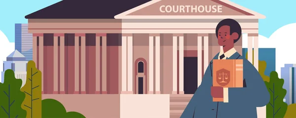 Άντρας δικηγόρος που κατέχει βιβλίο δικαστή νομική συμβουλή έννοια της δικαιοσύνης δικαστήριο κτίριο μπροστινή όψη — Διανυσματικό Αρχείο