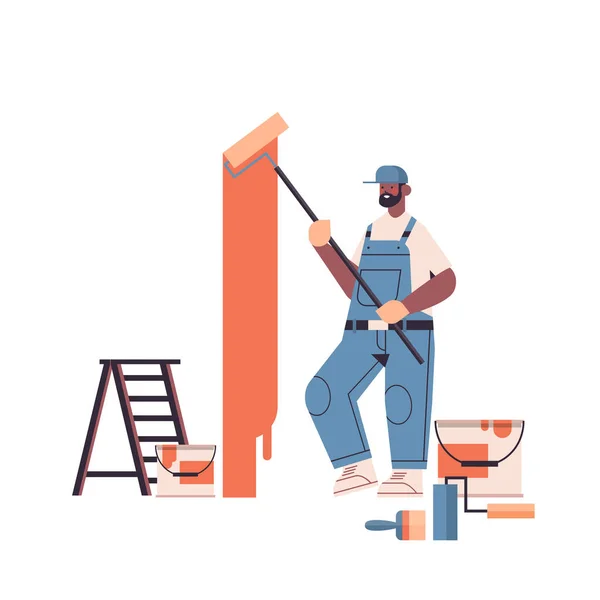 Professional worker in uniform using painting wall with roller repair service renovation concept — Stock Vector