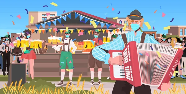 Muzikant spelen accordeon mix race mensen hebben plezier octoberfest feest feest openlucht outdoor festival — Stockvector