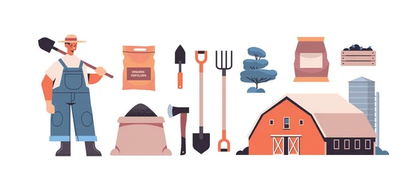 Набір садових та сільськогосподарських інструментів обладнання для садівництва та фермерів з лопатою органічне екологічне сільське господарство — стоковий вектор