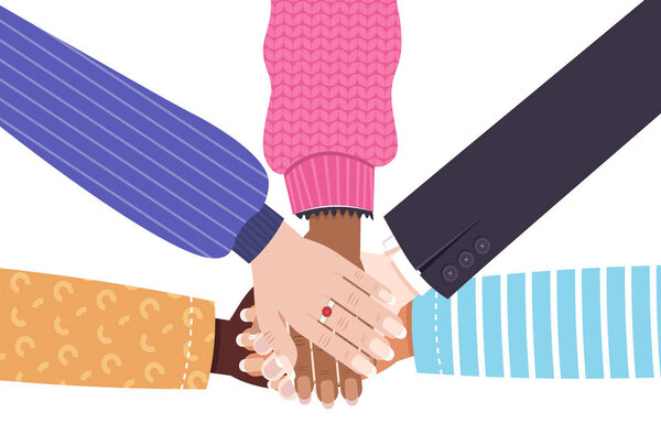 hands of mix race group of women putting together female empowerment movement girl power union of feminists
