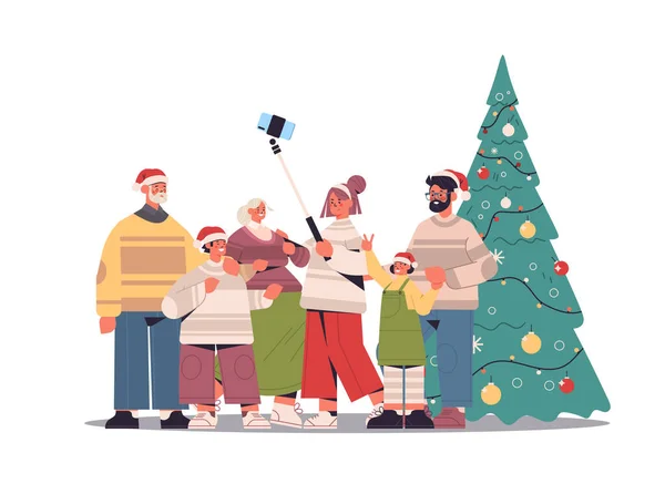 Família multigeracional tirar foto selfie na câmera do smartphone perto da árvore de natal celebração feriados ano novo — Vetor de Stock