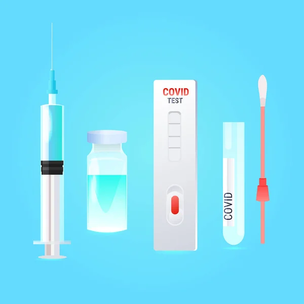 Set siringa con flacone vaccino covid-19 tampone test nasale e rapida lotta a cassetta contro il concetto di pandemia di coronavirus — Vettoriale Stock