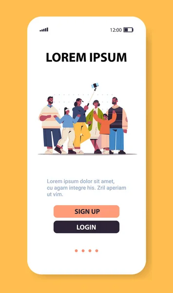 Familia afroamericana multigeneracional utilizando palo selfie tomar fotos en la cámara del teléfono inteligente — Archivo Imágenes Vectoriales