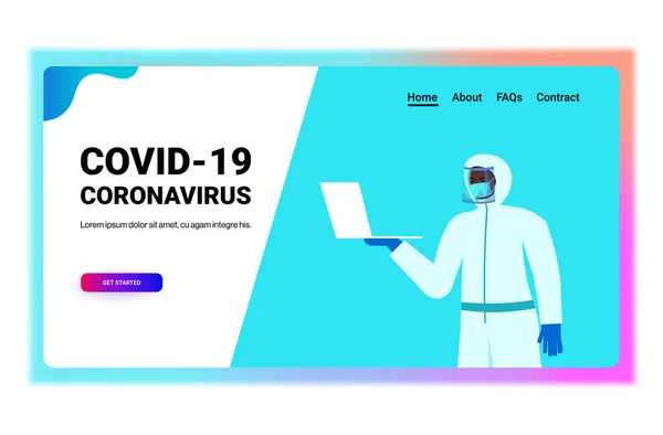 Médecin afro-américain ou scientifique masqué à l'aide d'un ordinateur portable covid-19 concept pandémie de coronavirus — Image vectorielle