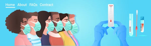 Mix Race Patienten in Masken erhalten Schnelltest für Coronavirus PCR Diagnoseverfahren Covid-19 Pandemiekonzept — Stockvektor