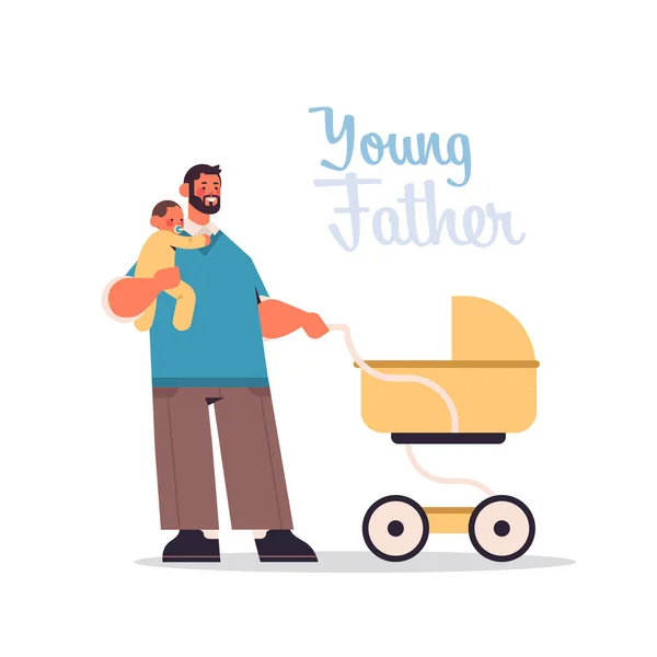 Junger Vater mit kleinem Sohn schiebt Kinderwagen glücklich Vatertagskonzept Papa verbringt Zeit mit seinem Kind — Stockvektor