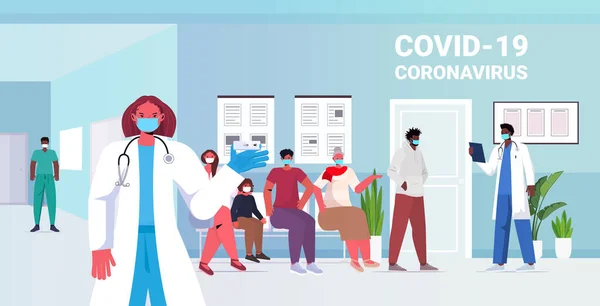 Mix race patients in masks getting rapid test for coronavirus PCR diagnostic procedure covid-19 pandemic concept — Stock Vector