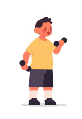 Küçük çocuk dambıllarla fiziksel egzersiz yapıyor. Sağlıklı yaşam tarzı konsepti.