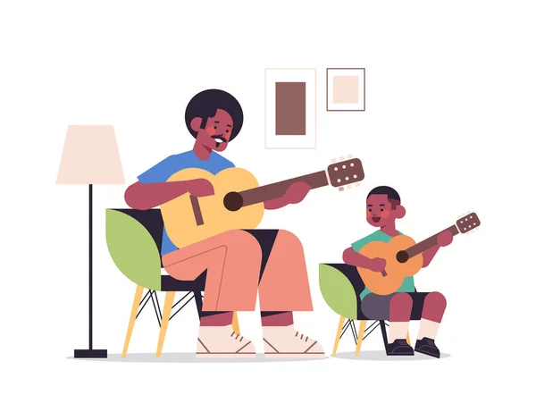 Otec učí malého syna hrát na kytaru rodičovství koncept táta tráví čas s dítětem — Stockový vektor