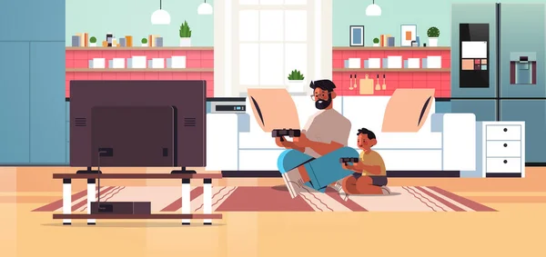 Ayah muda bermain video game di konsol permainan dengan anak kecil di rumah orangtua konsep ayah - Stok Vektor