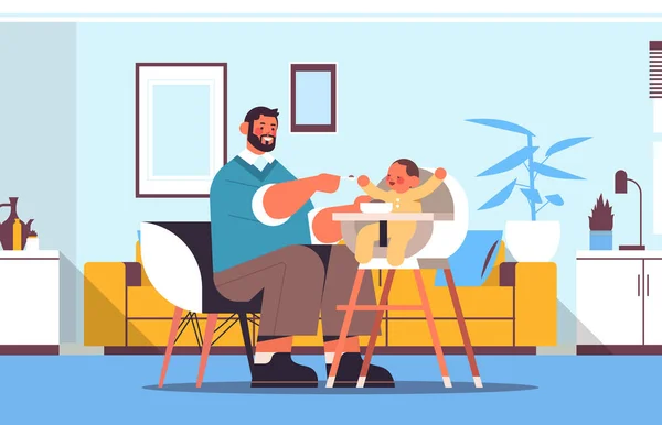 Père nourrir son petit fils sur les enfants manger chaise paternité concept parental papa passer du temps avec bébé — Image vectorielle