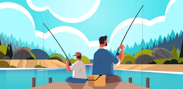 Padre joven pesca con hijo paternidad paternidad concepto papá enseñar a su hijo la captura de peces en el lago — Vector de stock