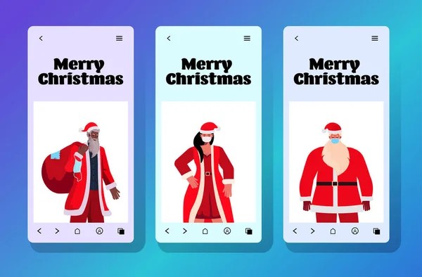 Conjunto de personas de raza mixta en trajes de santa en la pantalla del teléfono inteligente año nuevo fiestas de Navidad celebración coronavirus — Vector de stock