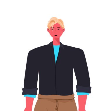 Gündelik kıyafet giyen genç adam erkek çizgi film karakteri portresi