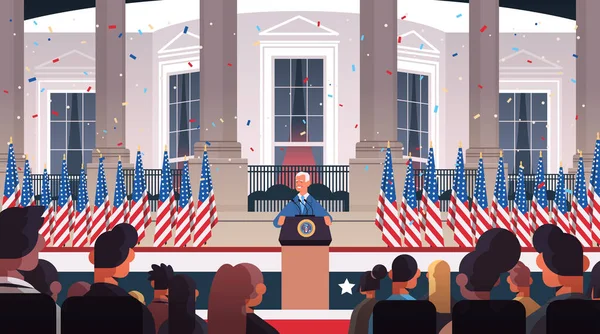 Prezident demokrat vítěz prezidentských voleb Spojených států muž přednáší projev z tribuna USA den inaugurace — Stockový vektor