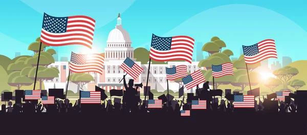 Lidé siluety držící plakáty v blízkosti budovy Bílého domu USA prezidentské slavnosti — Stockový vektor