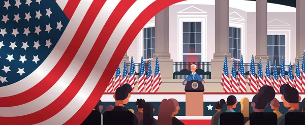 Presidente democrata vencedor da eleição presidencial dos Estados Unidos homem dando discurso da tribuna EUA dia da inauguração — Vetor de Stock