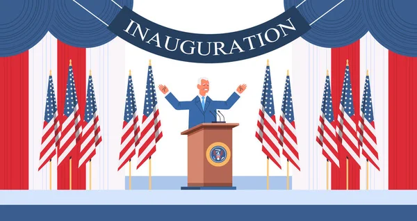 USA inauguration day concept democrat winner of United States presidential election man with standing at tribune — Stock Vector