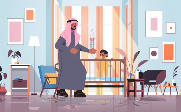 アラブの父はベビーベッドの子供と遊ぶ父親の育児の概念父親は子供と過ごす時間 — ストックベクタ