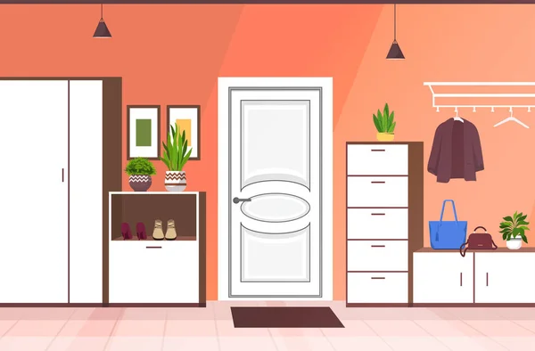 Moderno pasillo interior vacío ninguna gente casa pasillo con muebles — Vector de stock