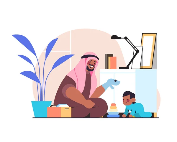 Arabischer Vater spielt mit kleinem Sohn zu Hause Vaterschaft Erziehungskonzept Papa verbringt Zeit mit seinem Kind — Stockvektor